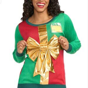 Urban Heritage Red & Green Christmas Sweater with Gold Bow - Size S/M BNWOT